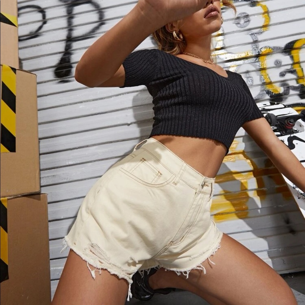 Distressed khaki jean shorts